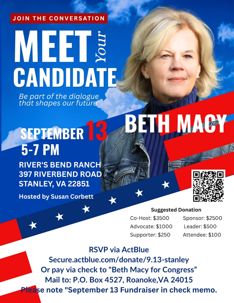 Meet Candidate Beth Macy Hosted by Susan Corbett at River's Bend Ranch Stanley VA Meet Candidate Beth Macy Hosted by Susan Corbett at River's Bend Ranch Stanley VA